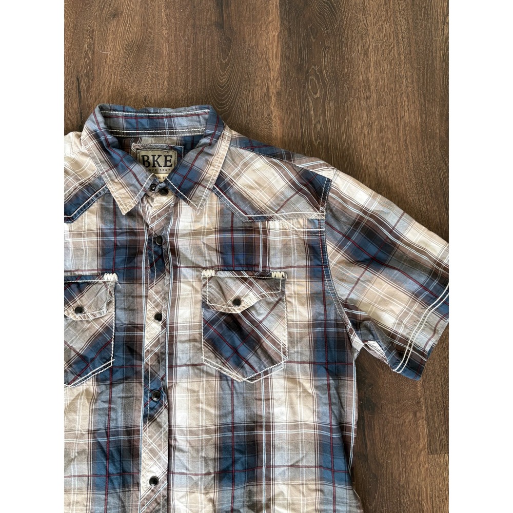BKE Mens Athletic Fit Plaid Western Short Sleeve Pearl Snap Shirt Blue Tan L